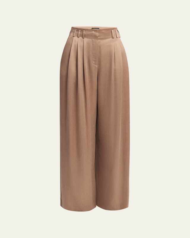 Pleated Wide Leg Viscose-Blend Trousers